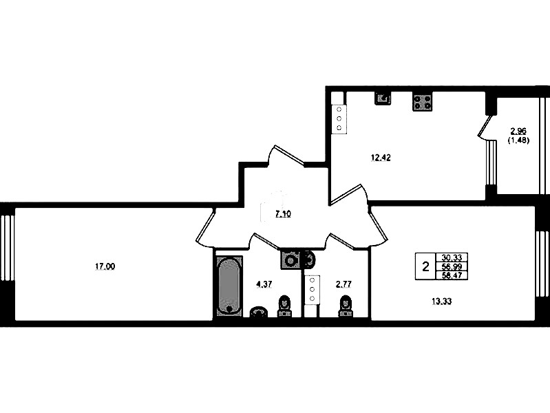 2-комнатная квартира 56.99 м², 4/5 эт., ЖК «Plus Пулковский»